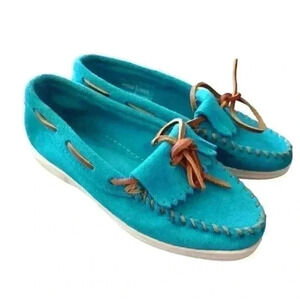 Minnetonka Women's Teal Blue Suede Moccasin Slippers 6